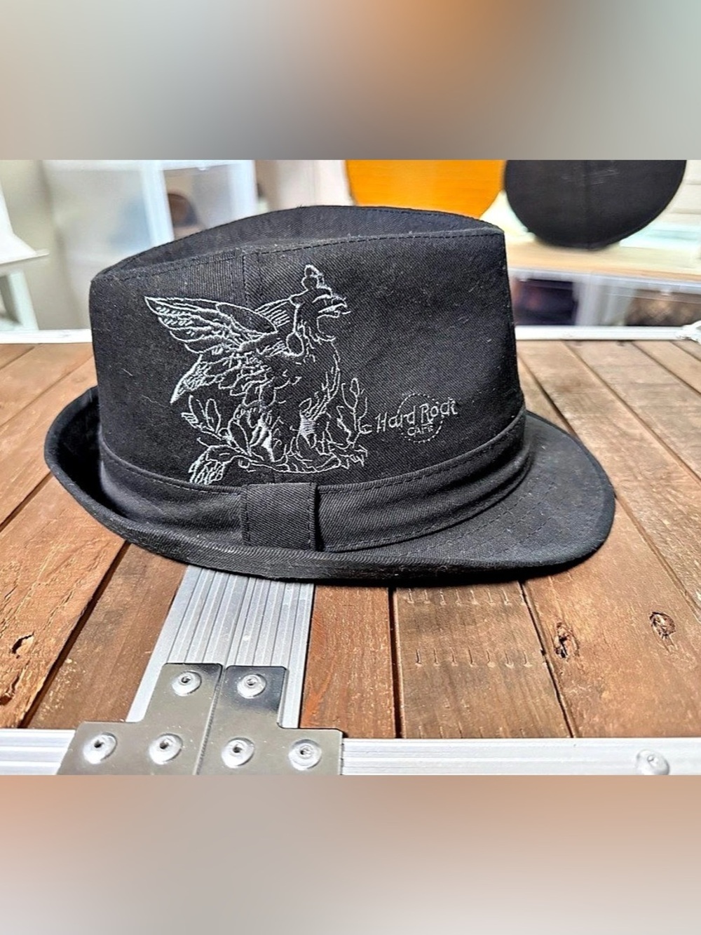 Hard Rock Cafe Seattle Black Fedora Hat Skull Lining S/M 58cm